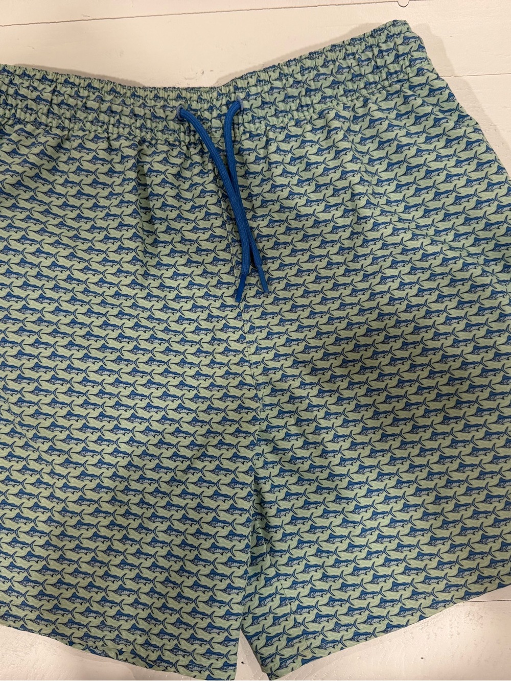 Vineyard Vines Green Boy’s Swim Trunks with Blue Shark Print